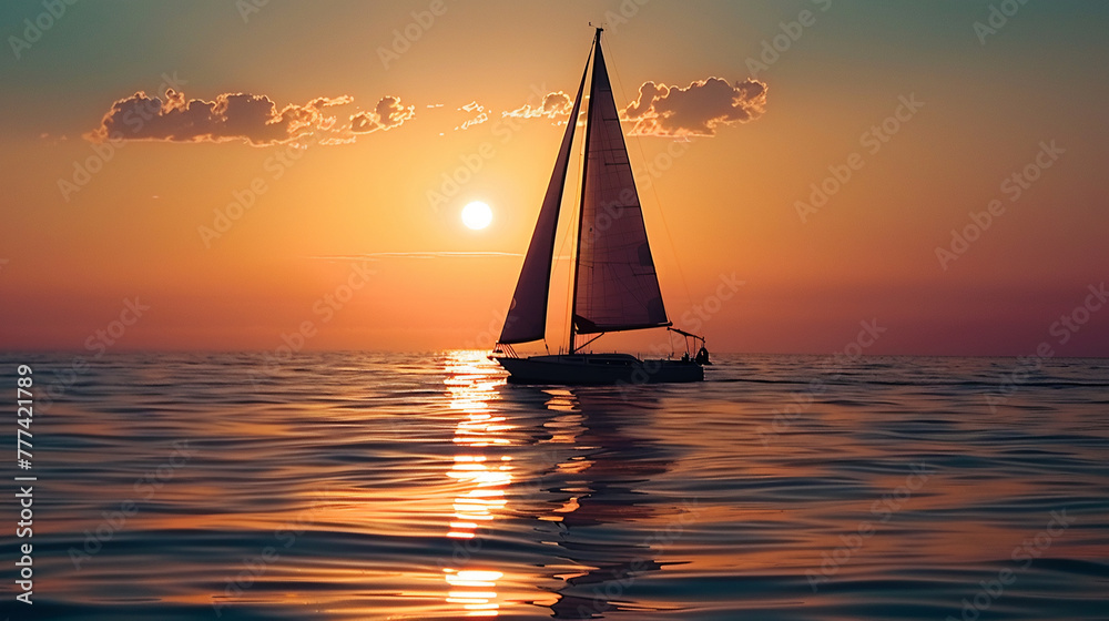 Sailboat silhouette glides on tranquil sunset waters, AI Generative.
