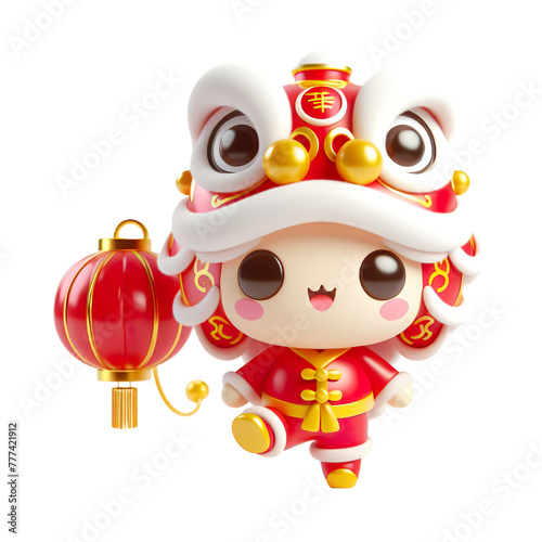 Cute character 3D image concept art of a cute lion dancing. Lunar new year Red and yellow color scheme  minimalist white background isolated PNG