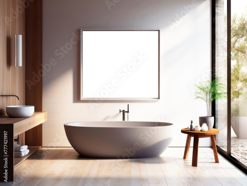 Modern bathroom interior with a standalone tub  a blank picture frame  and natural light  on a sunny background. Generative AI