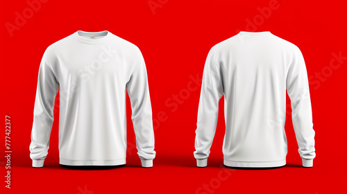 3D realistic image of a plain white long sleeve t-shirt front view and back view on white background.
