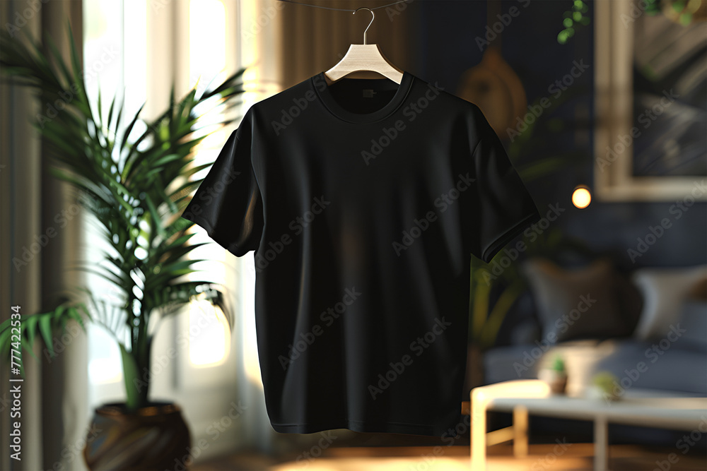 Plain Black t-shirt mockup floating in air with hanger modern studio background 