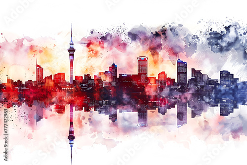 Watercolor painting Auckland skyline at sunset in blue, orange, purple, and yellow. Abstract colourful art. City in New Zealand. 