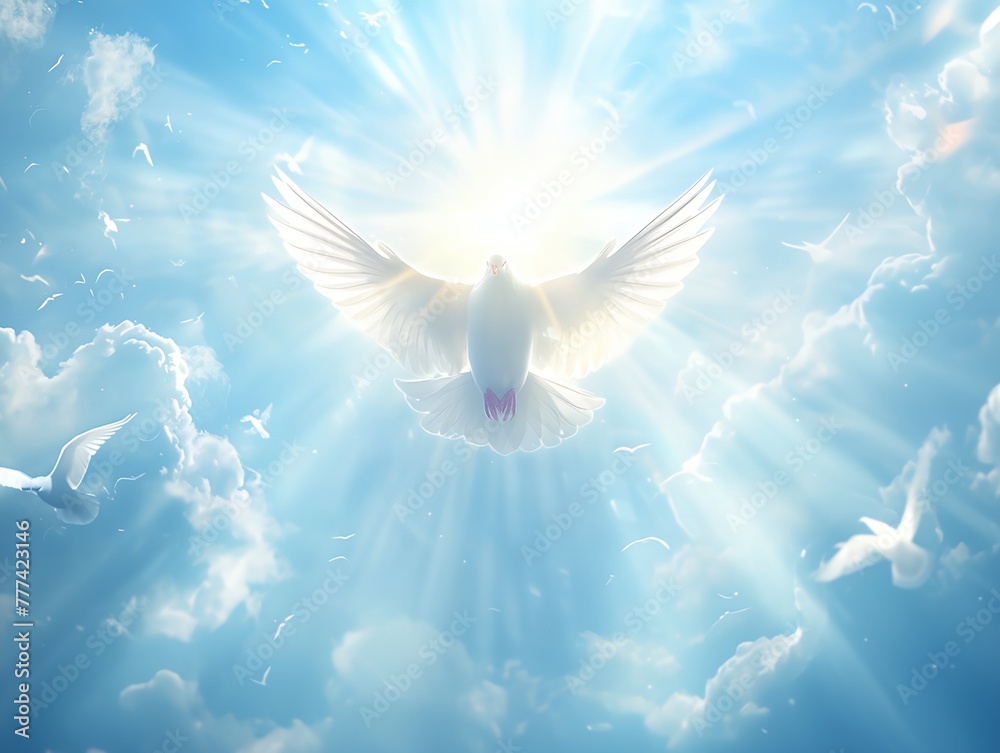 Holy Spirit dove is flying in clear blue sky, beautiful sun rays shine around. Holy Spirit dove is flying in clear blue sky, beautiful sun rays shine around.