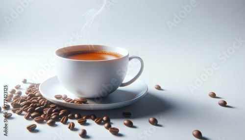 White coffee cup with steam rising  on light background with beans. Soft focus. Generative AI