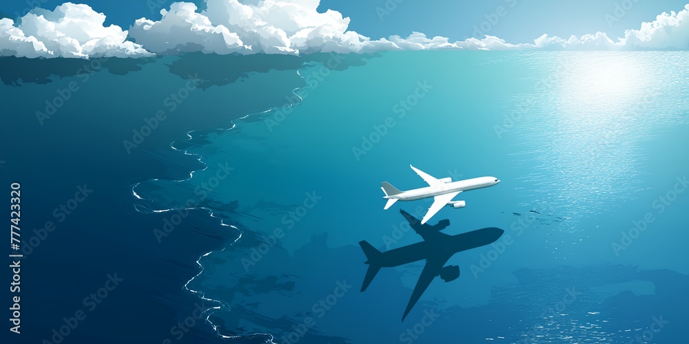 Naklejka premium White plane flies over water among clouds, casting shadow.