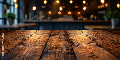 Modern cozy restaurant with lights, blurred background with wooden table for product and text placement.