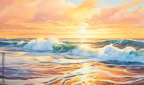 Sunset at Beach Oil Painting Wallpaper Background for Home Decor