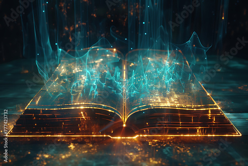 An intriguing wireframe-based visualization featuring a glowing translucent background framing an open book conceptually