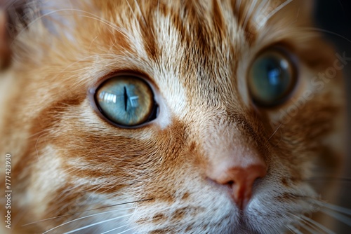 A cat with a blue eye and orange fur