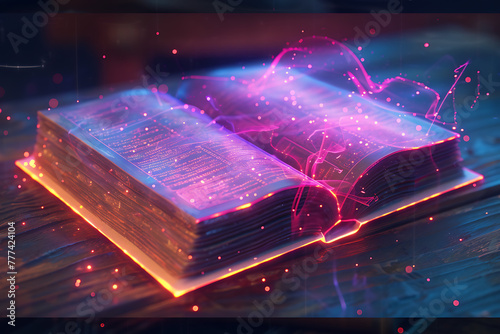 An intriguing wireframe-based visualization featuring a glowing translucent background framing an open book conceptually