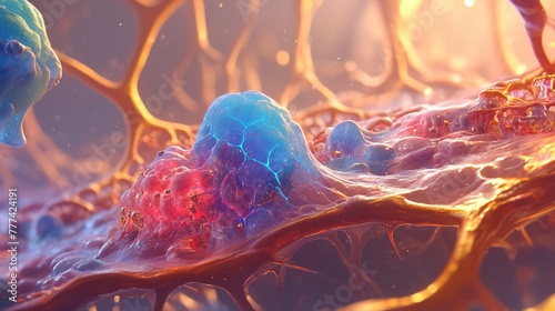 Closeup of Golgi apparatus sending vesicles to lysosome, vivid colors, studio lighting photo