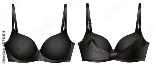 Satin Silk Cup Push up Bra technical illustration. Editable underwear flat fashion sketch bralette black
