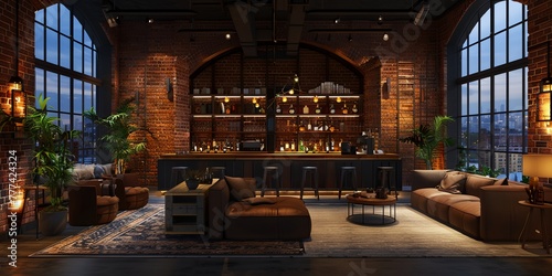 Dark lounge interior bar, luxury loft style.