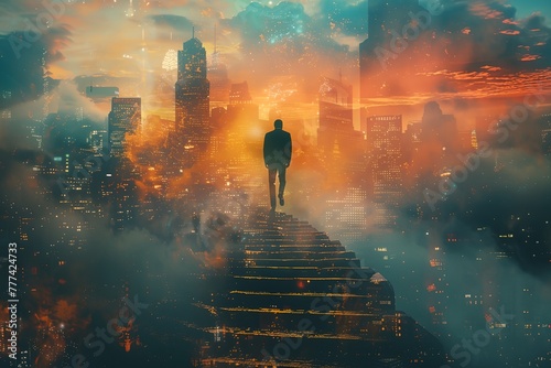 A man is walking up a staircase in a city. The image is a reflection of the city below, with the man's reflection visible on the stairs. Scene is one of ambition and determination.