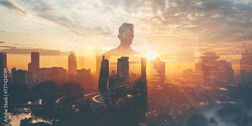 Businessman stands in front of a city skyline with a sun in the background. The image is a silhouette of the man and the city, with the sun casting a warm glow on the buildings.