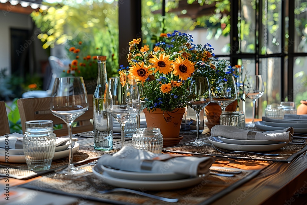 Summer garden table setting, elegant summer outdoor dinner.
