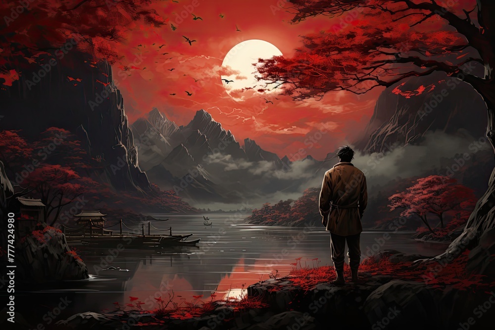 Man Standing In Front Of Red Sunset Generative AI