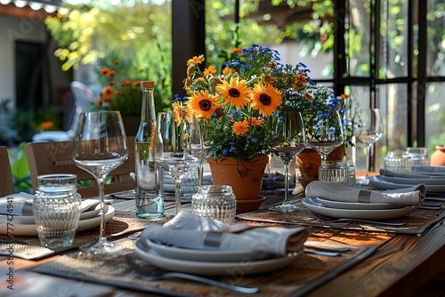 Summer garden table setting, elegant summer outdoor dinner.