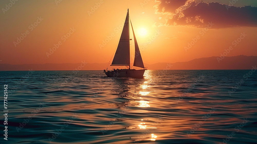 Sailboat silhouette glides on tranquil sunset waters, AI Generative.