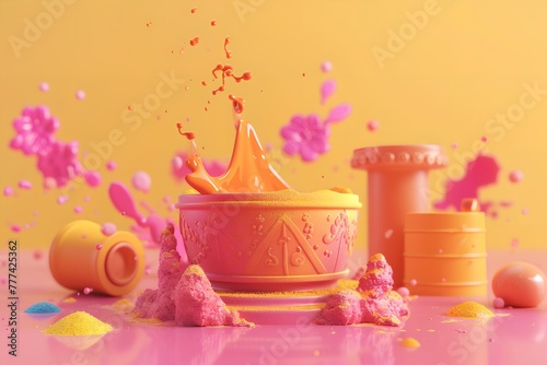 A colorful scene with a bowl of orange liquid and a bunch of other objects