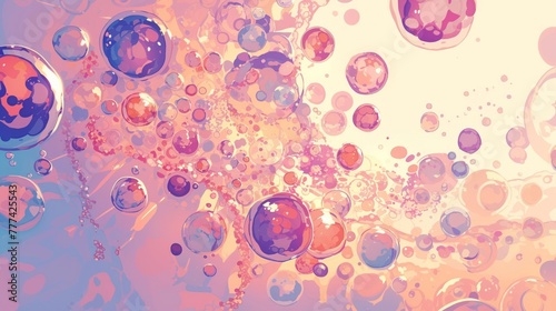 Wide shot of ribosomes scattered in the cytoplasm, pastel colors, morning light photo