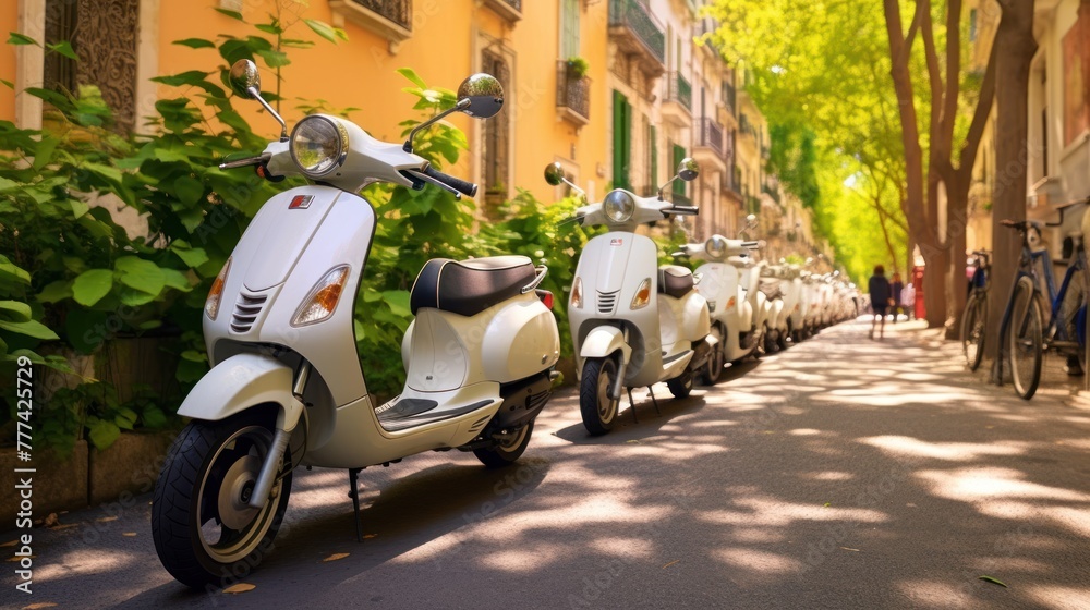 HELBIZ white electric scooters, for rent on the streets of Rome.