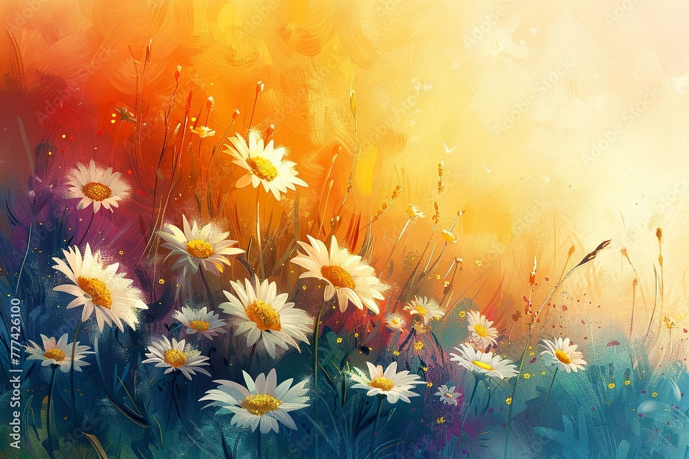 Daisies On Field - Abstract Spring Landscape blur background