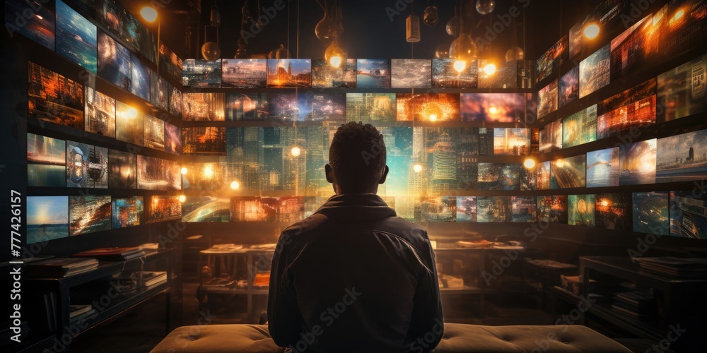 Man Sitting in Front of Wall of Televisions Generative AI Man Sitting in Front of Wall of Televisions Generative AI