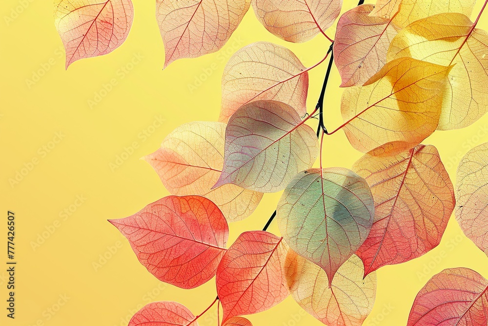 Autumn transparent leaves over yellow background