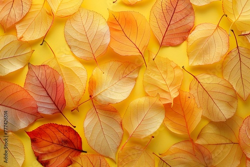 Autumn transparent leaves over yellow background