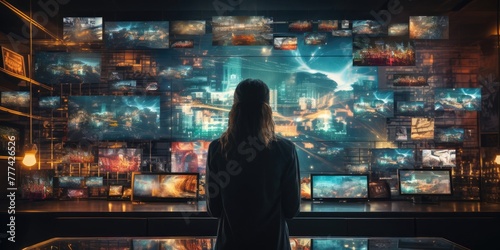 Woman Standing in Front of Wall of Televisions Generative AI