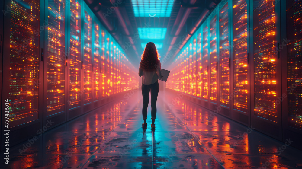 3D Graphics Concept: Big Data Center Female Chief Technology Officer Using Laptop Standing In Warehouse, Activates Servers, Information Digitalization Starts. SAAS, Cloud Computing, Web Service. 3D Graphics Concept: Big Data Center Female Chief Technology Officer Using Laptop Standing In Warehouse, Activates Servers, Information Digitalization Starts. SAAS, Cloud Computing, Web Service.