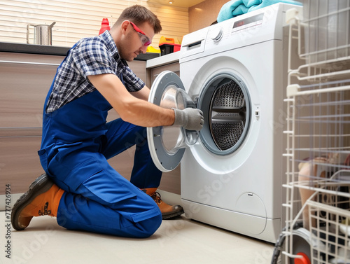 Repair Technician Analyzing Washing Machine photo