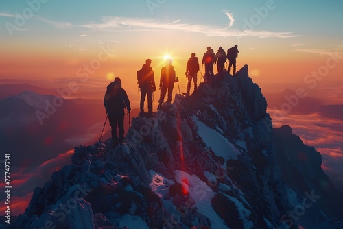 Group of people stand on a mountain peak, looking out at the sunset. Scene is peaceful and serene, as the people are enjoying the beauty of nature and the moment of victory