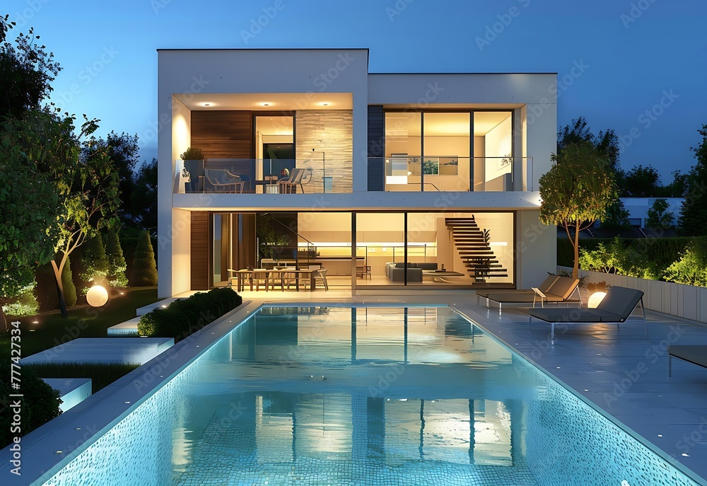 Modern villa exterior at night with swimming pool and terrace, white walls and glass windows