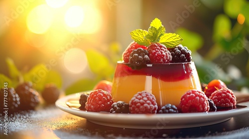 fruit dessert raspberries and mulberries jelly with berries on a plate, banner photo