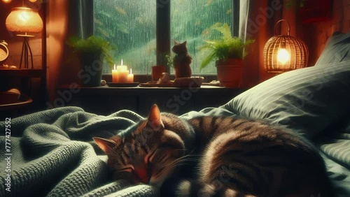 Cat sleeping in rainy weather Environment Looping video photo