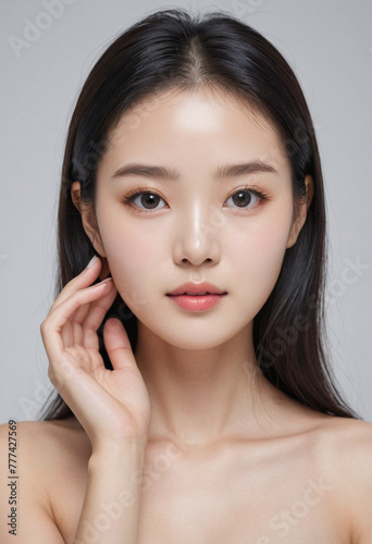 beautiful Korean girl good skin black hair white background skin care Hight detail