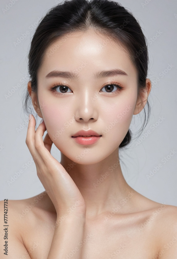 beautiful Korean girl good skin black hair white background skin care Hight detail beautiful Korean girl good skin black hair white background skin care Hight detail