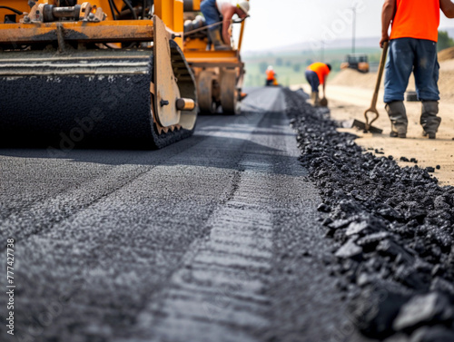 Road Construction Workers and Asphalt Paver Machine