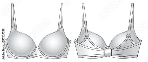 Satin Silk Cup Push up Bra technical illustration. Editable underwear flat fashion sketch bralette white
