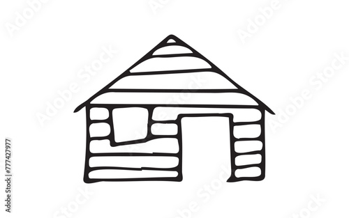 tent. lodge. a wooden house. overnight stay. hike. camping. walking. park. vector. doodle. on a white background. black lines. walk.