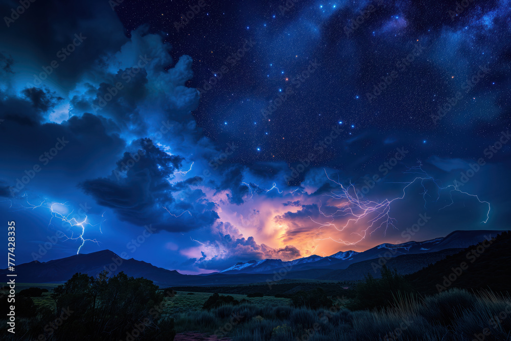 At night, starry sky is reflected in mountains lit by bright lightning during thunderstorm AI Generative