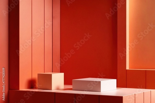 Product packaging mockup photo of cube shelf podium in corner with lines pattern on the wall scene  studio advertising photoshoot