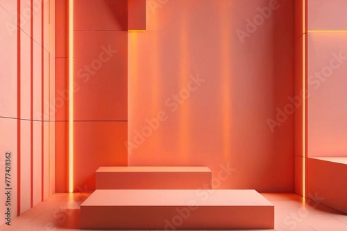 Product packaging mockup photo of cube shelf podium in corner with lines pattern on the wall scene, studio advertising photoshoot