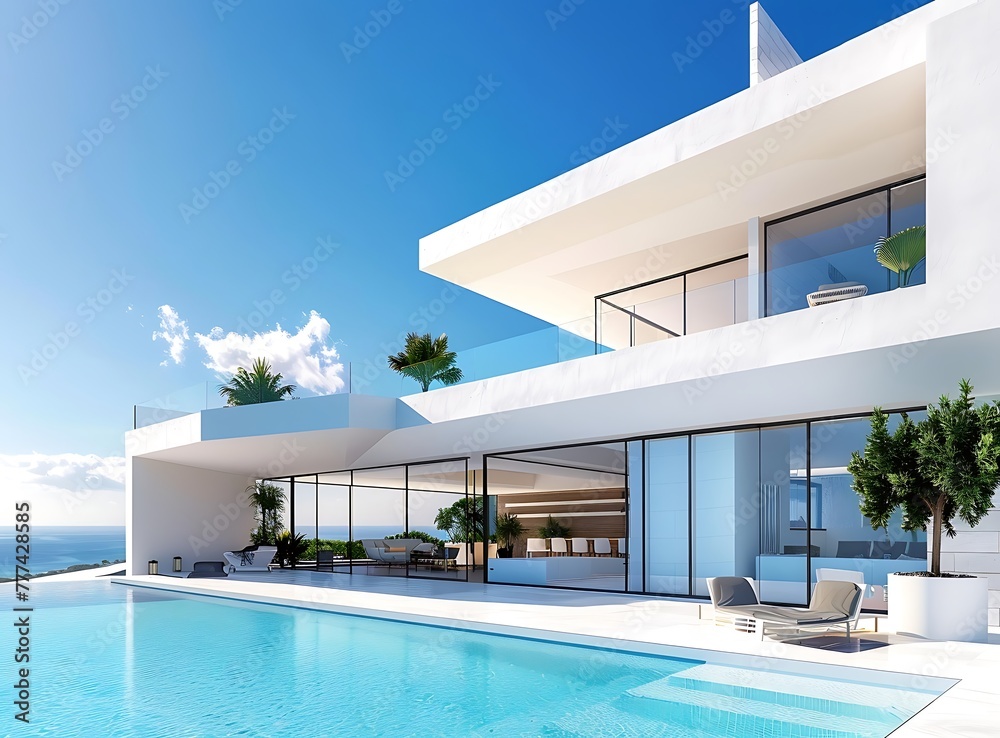 Modern white mansion with pool and terrace, blue sky background