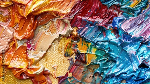 A close-up image capturing the vivid textures of an abstract painting with multicolored, rough oil and acrylic brushstrokes. 