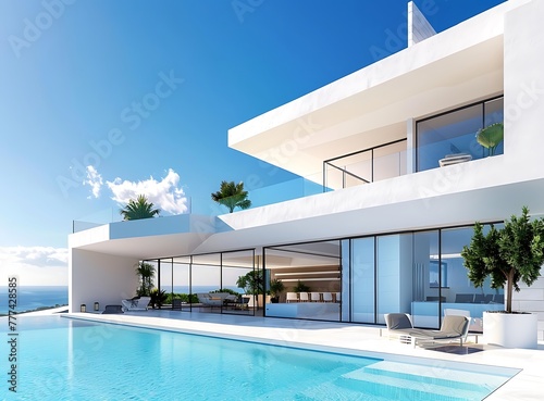 Modern white mansion with pool and terrace, blue sky background © Shahid