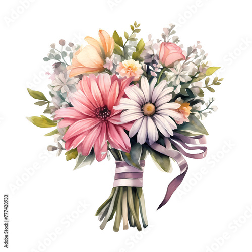 Hand-tied bouquet with pink gerberas, daisies, and roses