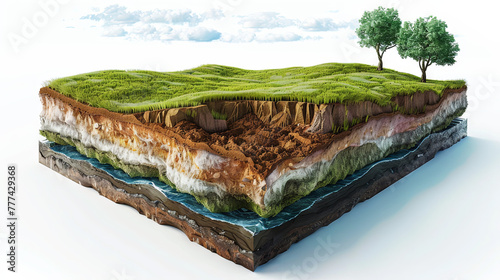 Detailed cross-section showing various soil layers, grass, and mature trees against a mountainous background.